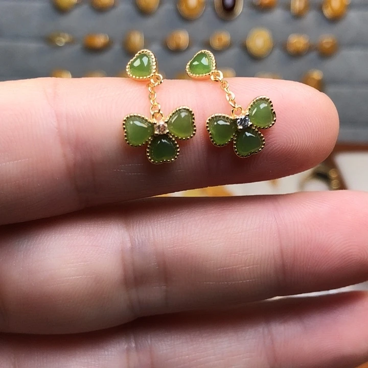 和田玉（碧玉）银S925镀金镶嵌耳饰耳坠6