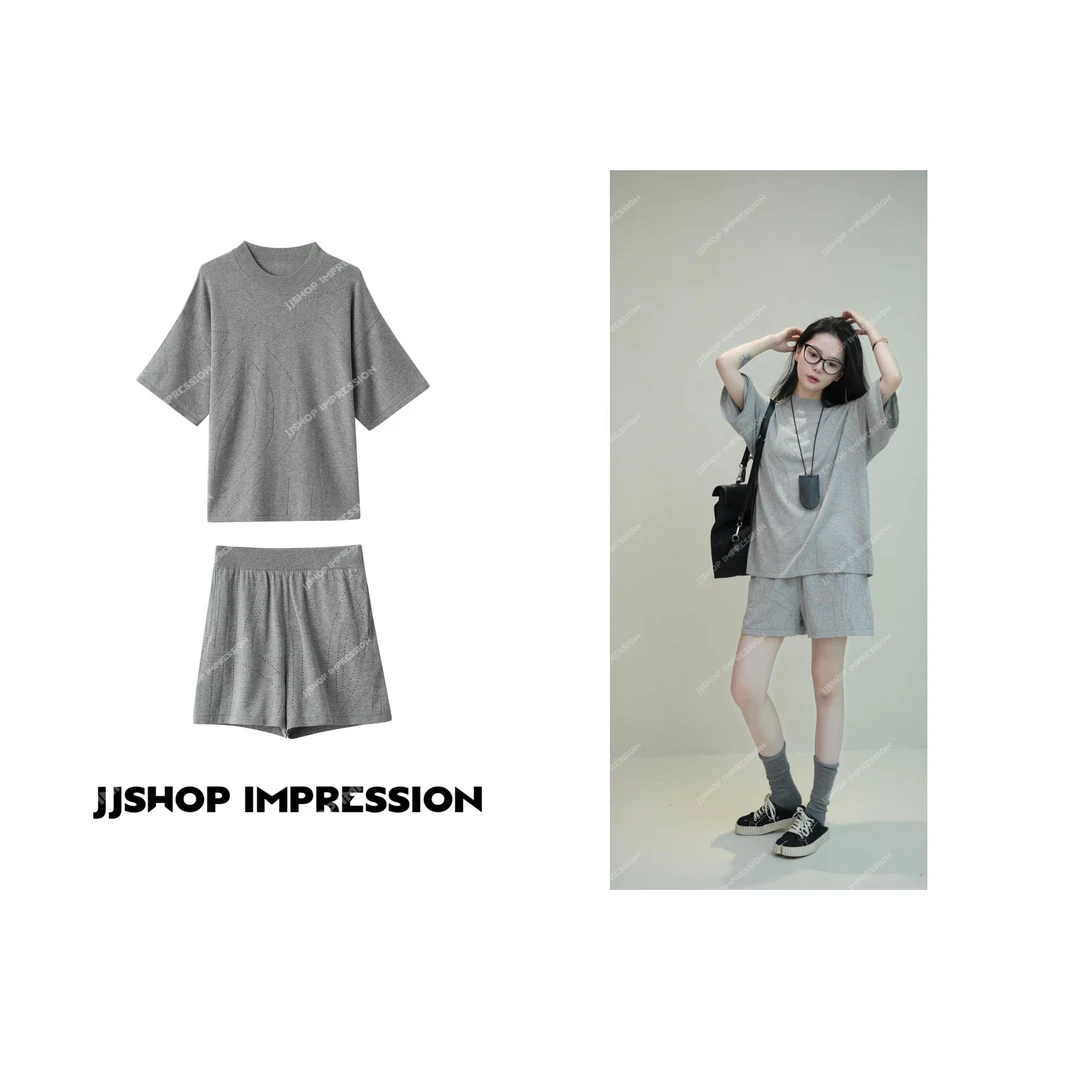 【冰感醋酸针织套装】JJSHOP IMPRESSION夏季宽松休闲挑孔图腾套装