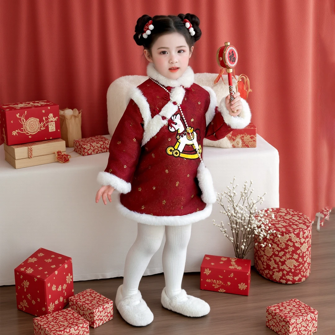 汉服唐装女童旗袍裙冬季新款宝宝唐装加绒保暖冬装儿童裙子