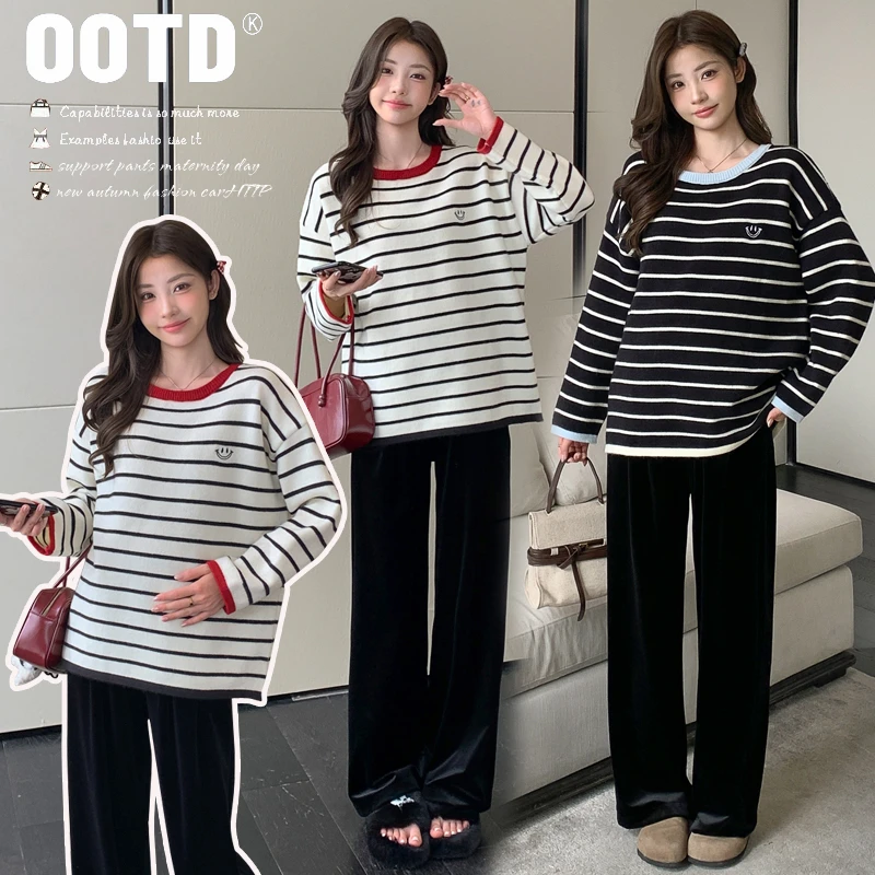 撞色条纹针织衫孕妇毛衣秋冬季笑脸刺绣宽松慵懒松弛感孕妇打底衫