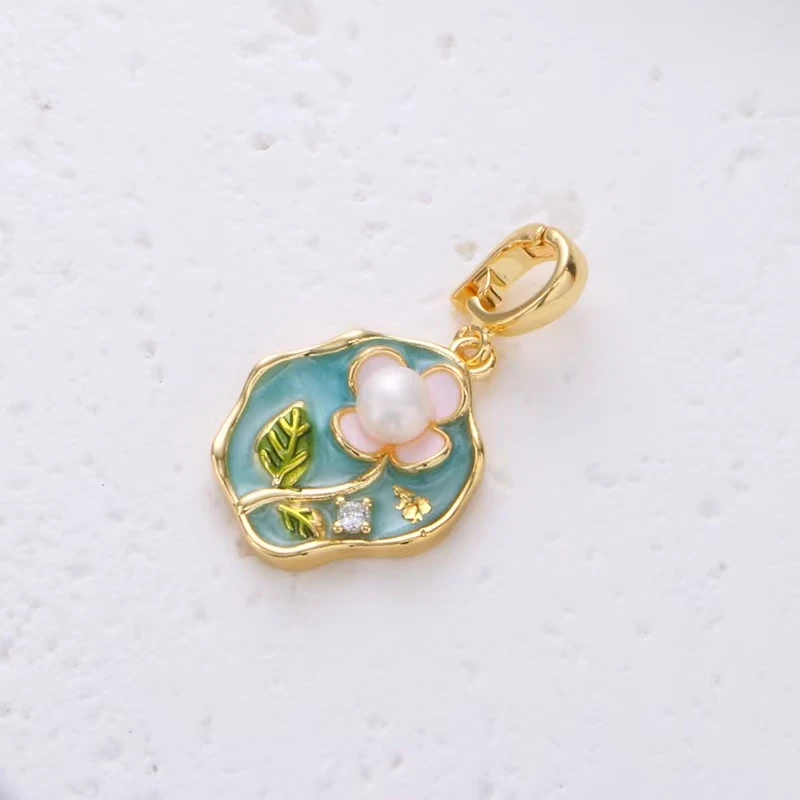 铜合金吊坠 彩绘莫奈花园吊坠万能扣油画风花卉项链挂件配饰M03