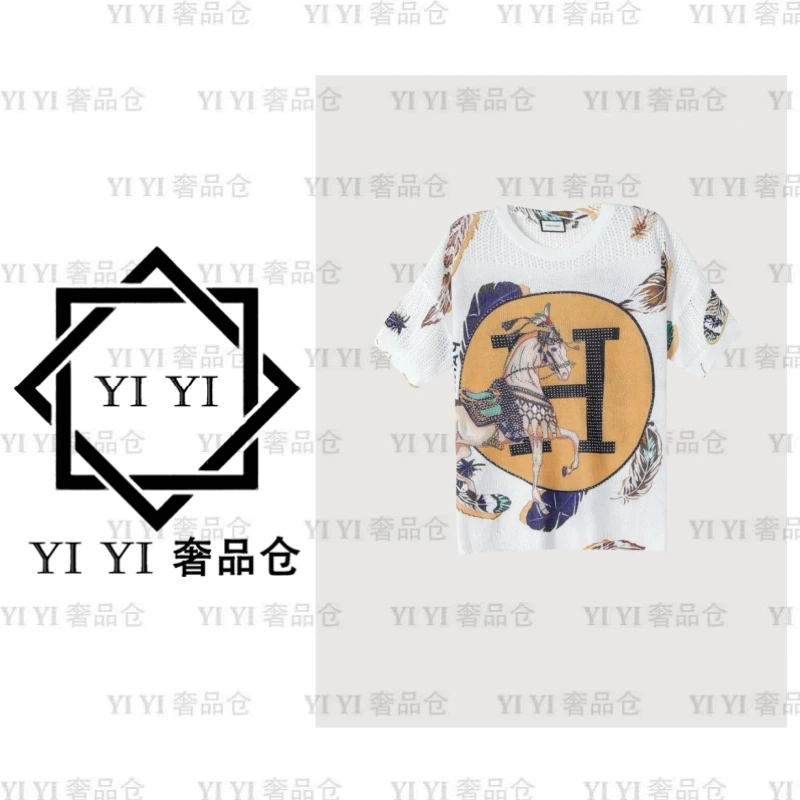 【YI YI/周一一奢品】轻奢重工短袖镶钻印染小马毛衣针织套头针织衫