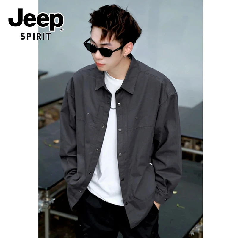 JEEPSPIRIT吉普新款翻领纽扣衬衫式休闲水洗痞帅春秋季上衣夹克男