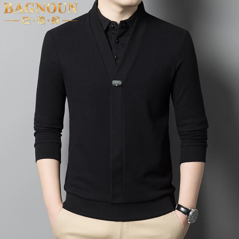 巴格奴长袖T恤男士春秋季新款时尚高端假两件衬衫领潮流休闲n衬衣