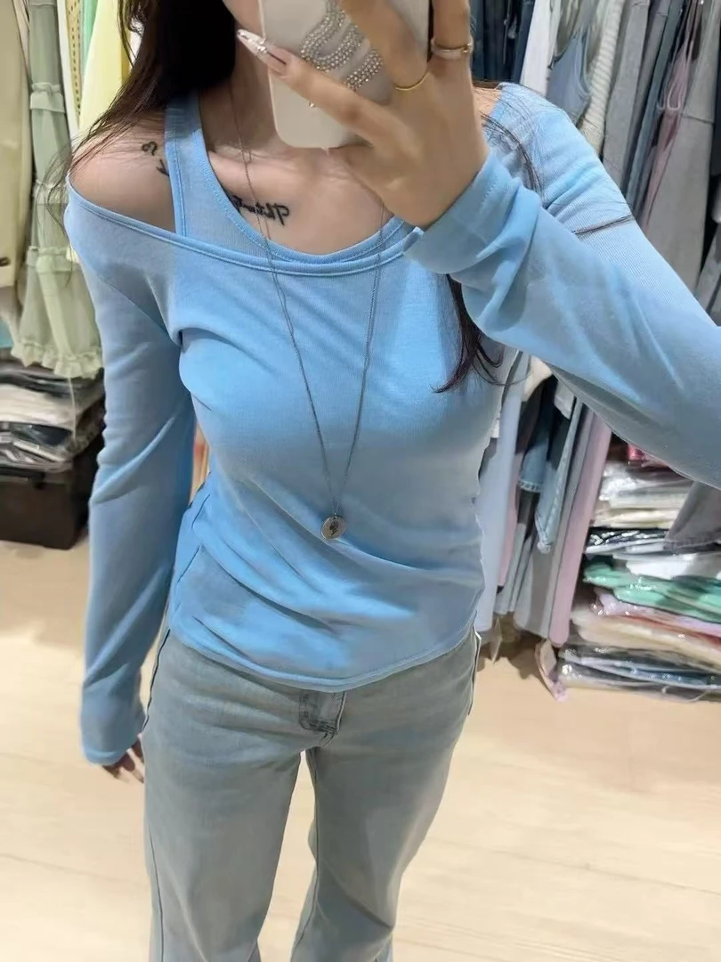 蓝色短款女士夏季显瘦长袖常规纯色打底衫修身型