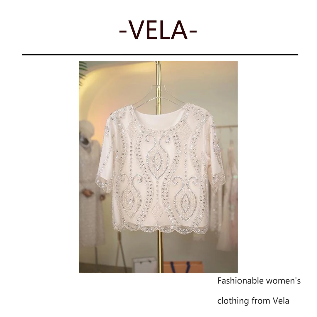 VELA 部落图腾短袖上衣钉珠亮片独特设计白色设计师时尚