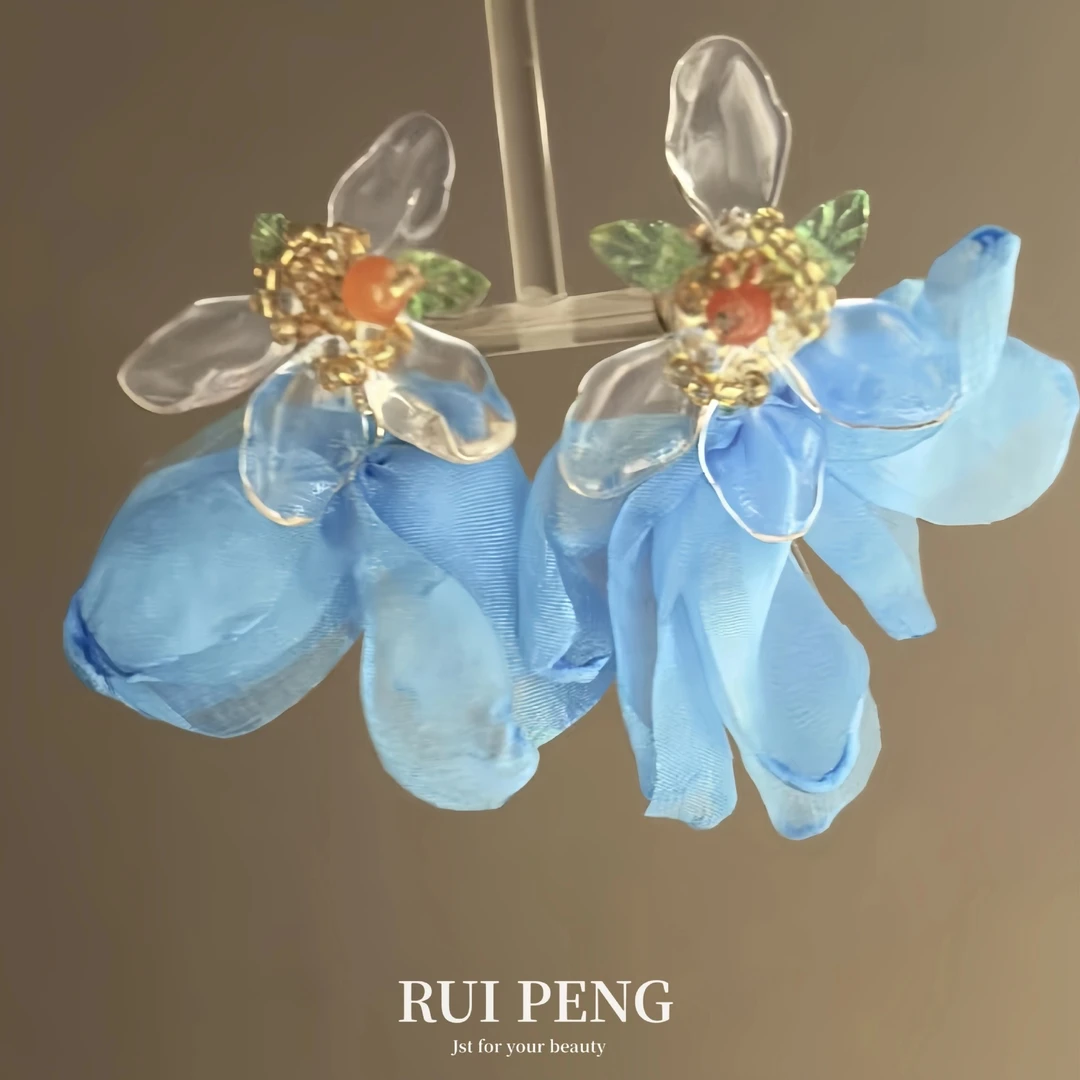超仙蓝色花朵耳钉新款绝美夸张耳环小众气质海边耳饰