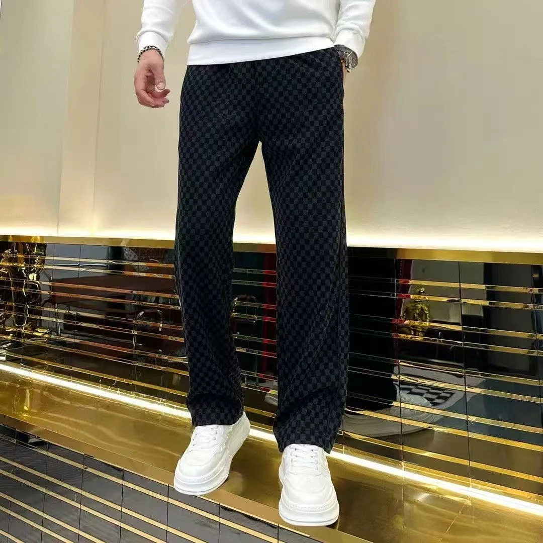 重磅男士秋冬新款潮流简约美式休闲裤轻奢时尚高档格子加绒直筒裤