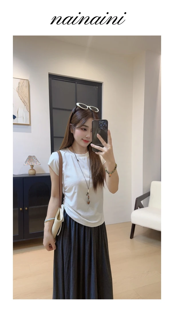 奈奈妮【轻氧T】T恤短袖女2025小个子夏季新款纯色百搭6136