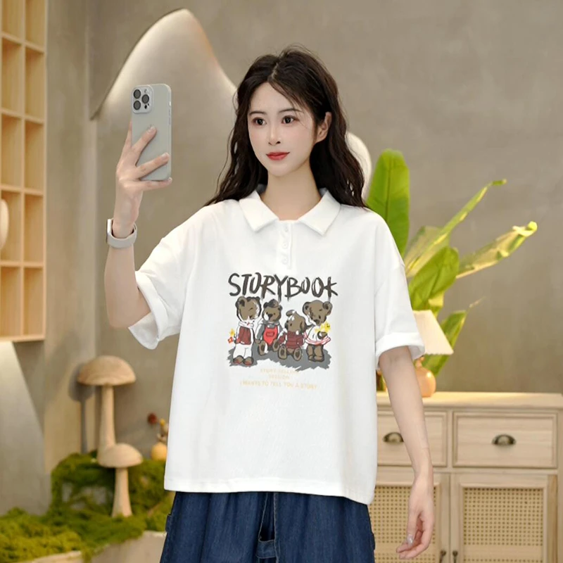 3595 【小熊聚会】夏季新款印花T恤休闲百搭宽松翻领短袖上衣