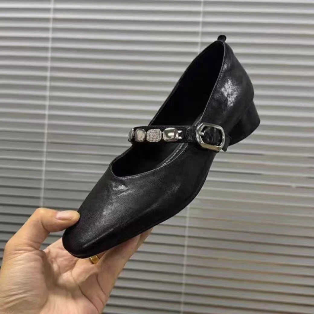 【朵苮品牌】粗跟单鞋女春秋新款高级感舒适方头法式中跟单鞋8592