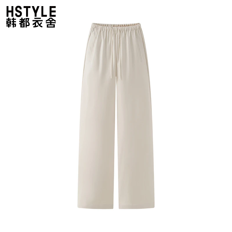 韩都衣舍抽绳松紧腰休闲裤女纯色简约宽松松弛感垂感拖地直筒长裤