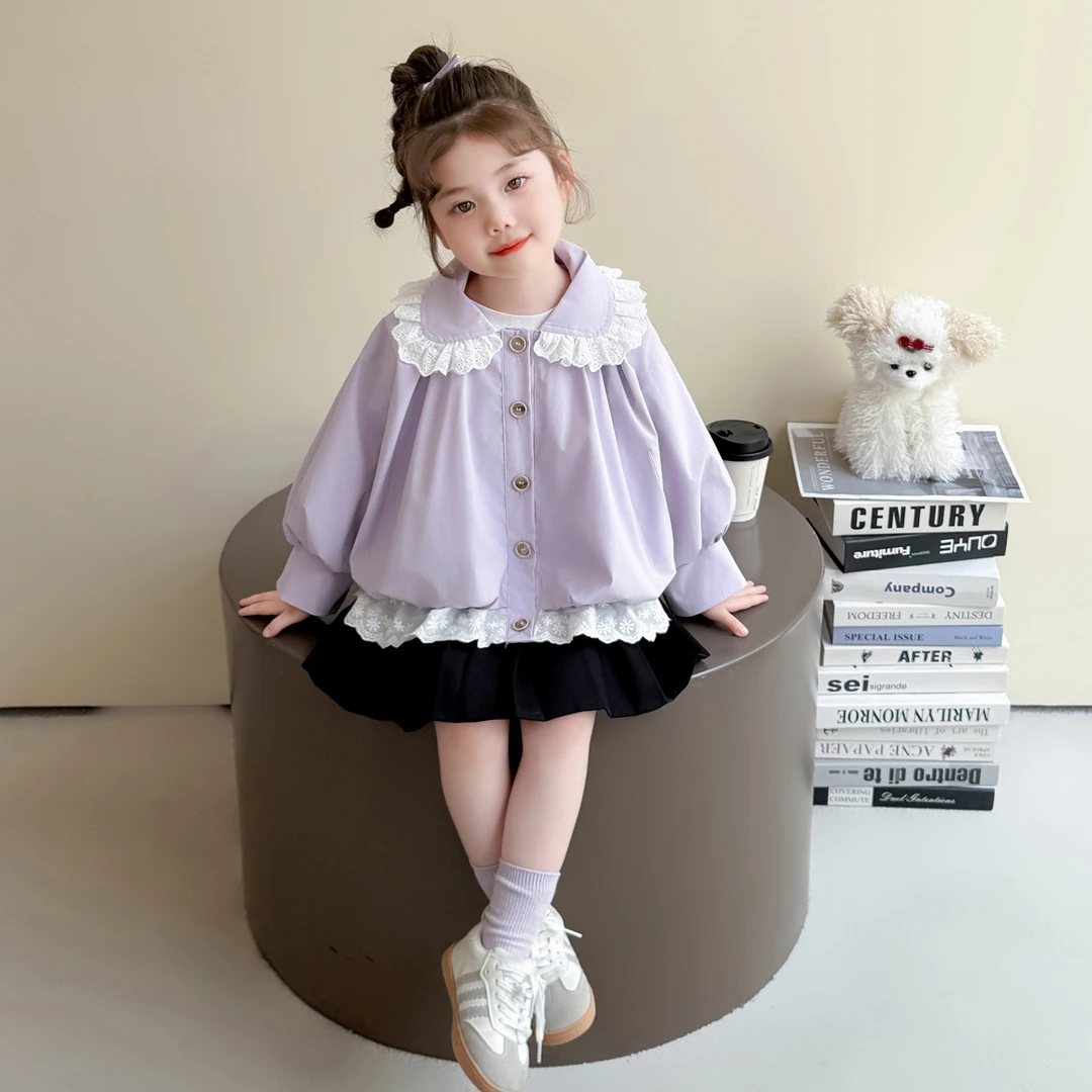 女童秋季2025新款洋气时尚百搭儿童甜美温柔蕾丝花边排扣外套