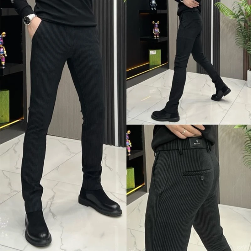 男士秋冬加厚休闲裤男商务西裤弹力设计感修身直筒潮加厚直筒男士