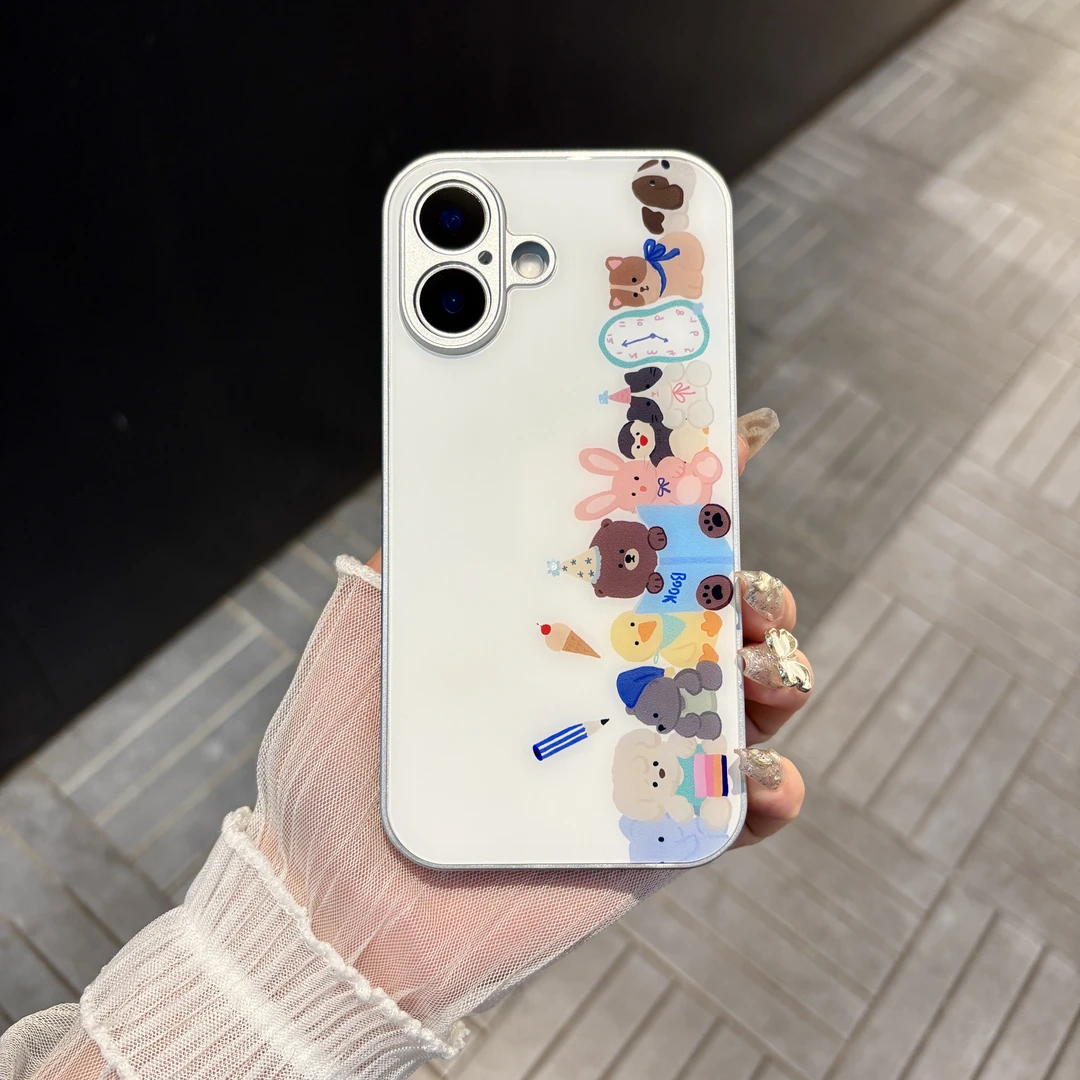 苹果/华为/oppo/vivo/小米 小熊party适用iPhone16肤感玻璃手机壳