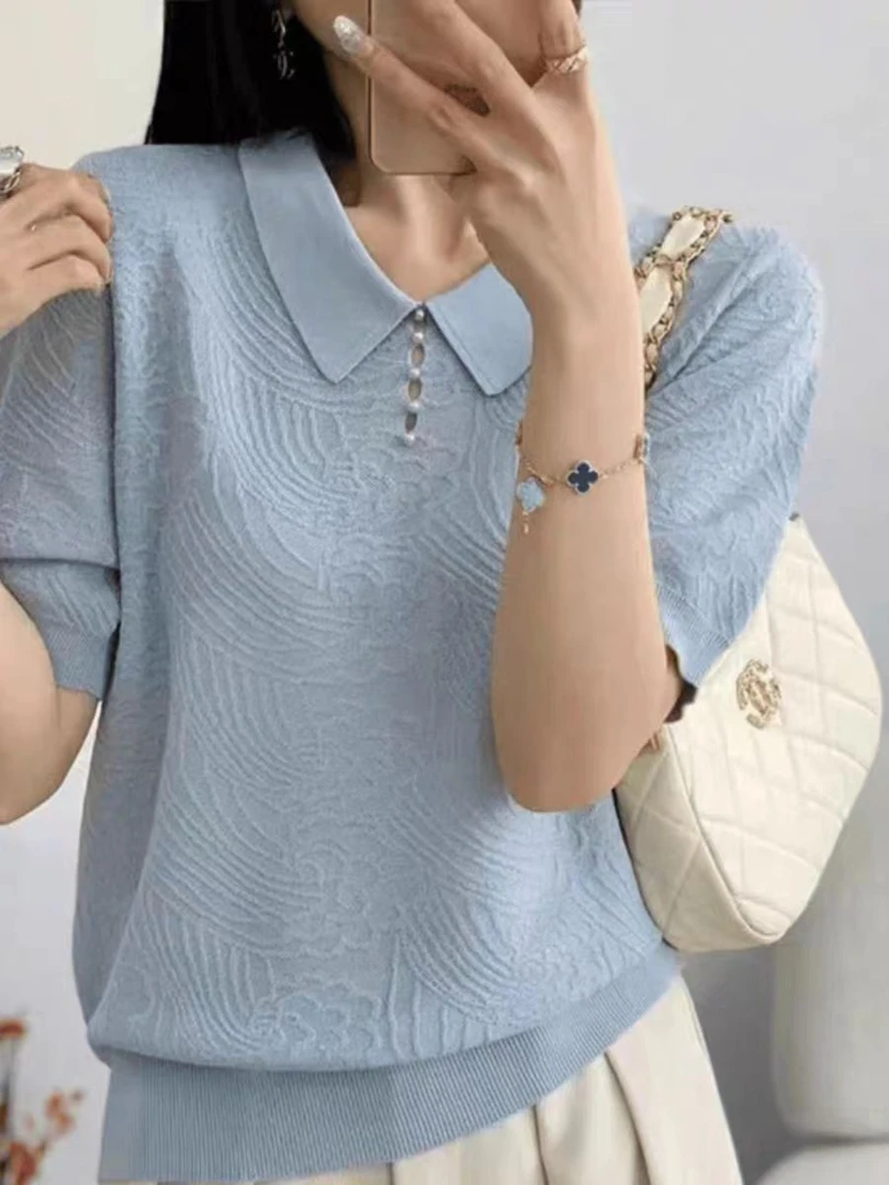 【祥云浮雕】女士薄款polo领针织短袖t恤女2025新款爆款夏季上衣