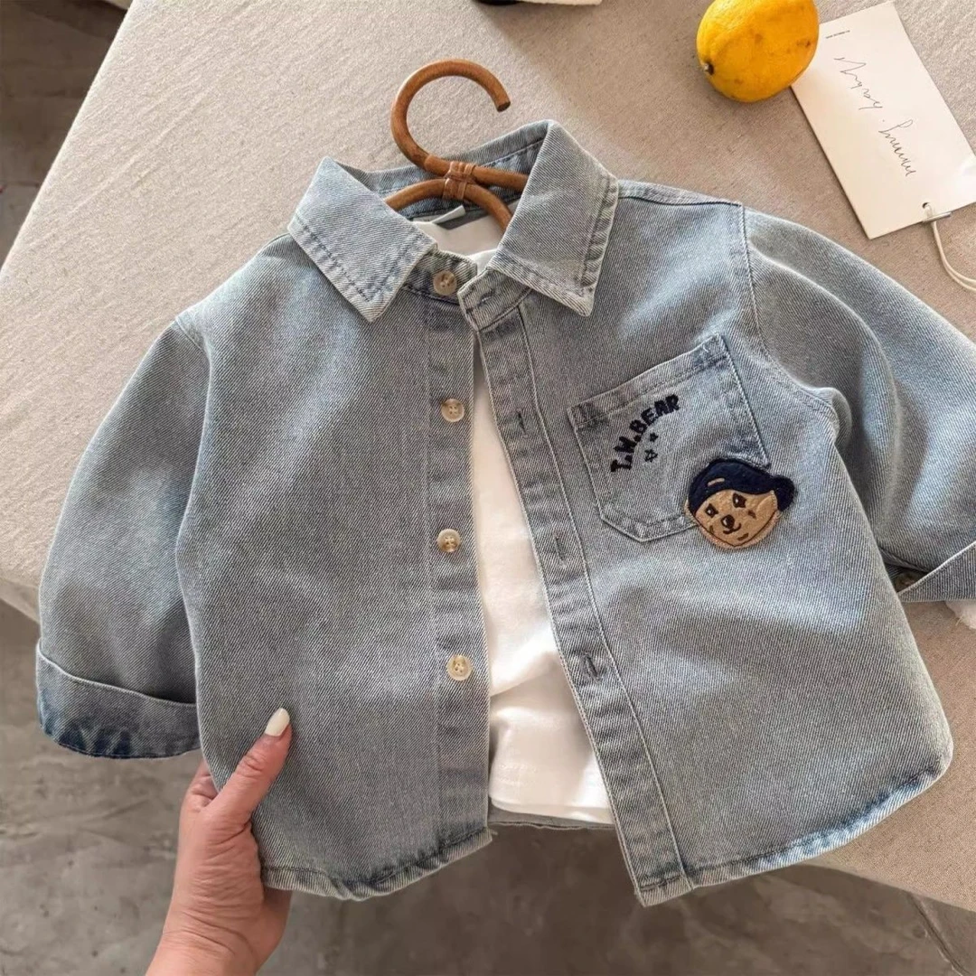 【热推爆款】儿童牛仔衬衫小熊衬衫春秋新款男女童刺绣小熊衬衣卡通