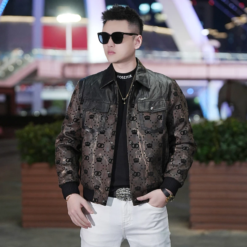 冬季时尚欧货拼皮羽绒服男士植绒花纹潮流翻领修身帅气短款厚外套