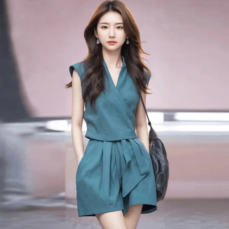 蓝色上衣短裤两件套装酷搭配一整套夏装轻熟法式蓝色夏季两件套