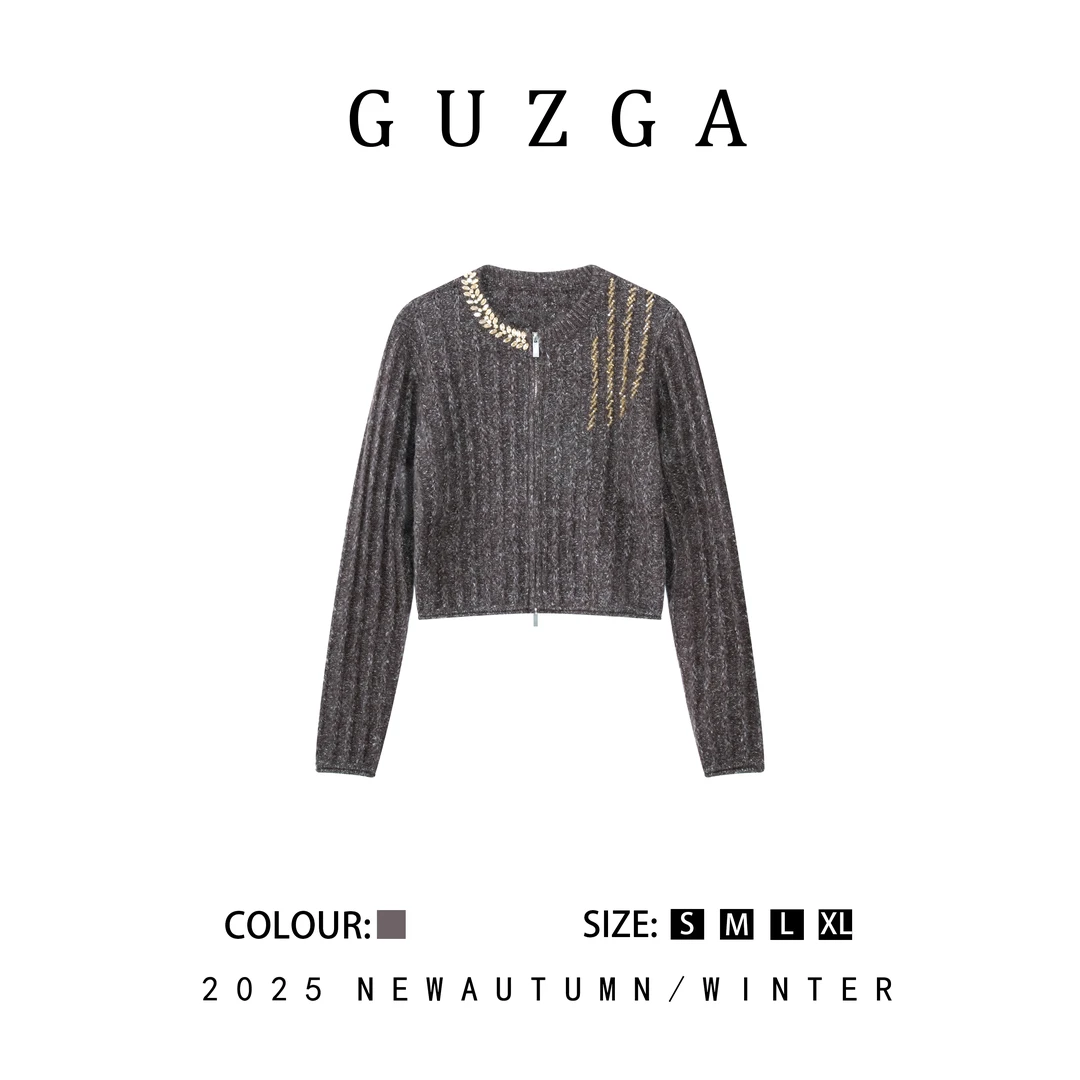 GUZGA【彩云易散】2025秋季上新装饰链针织短款开衫女时尚百搭舒适