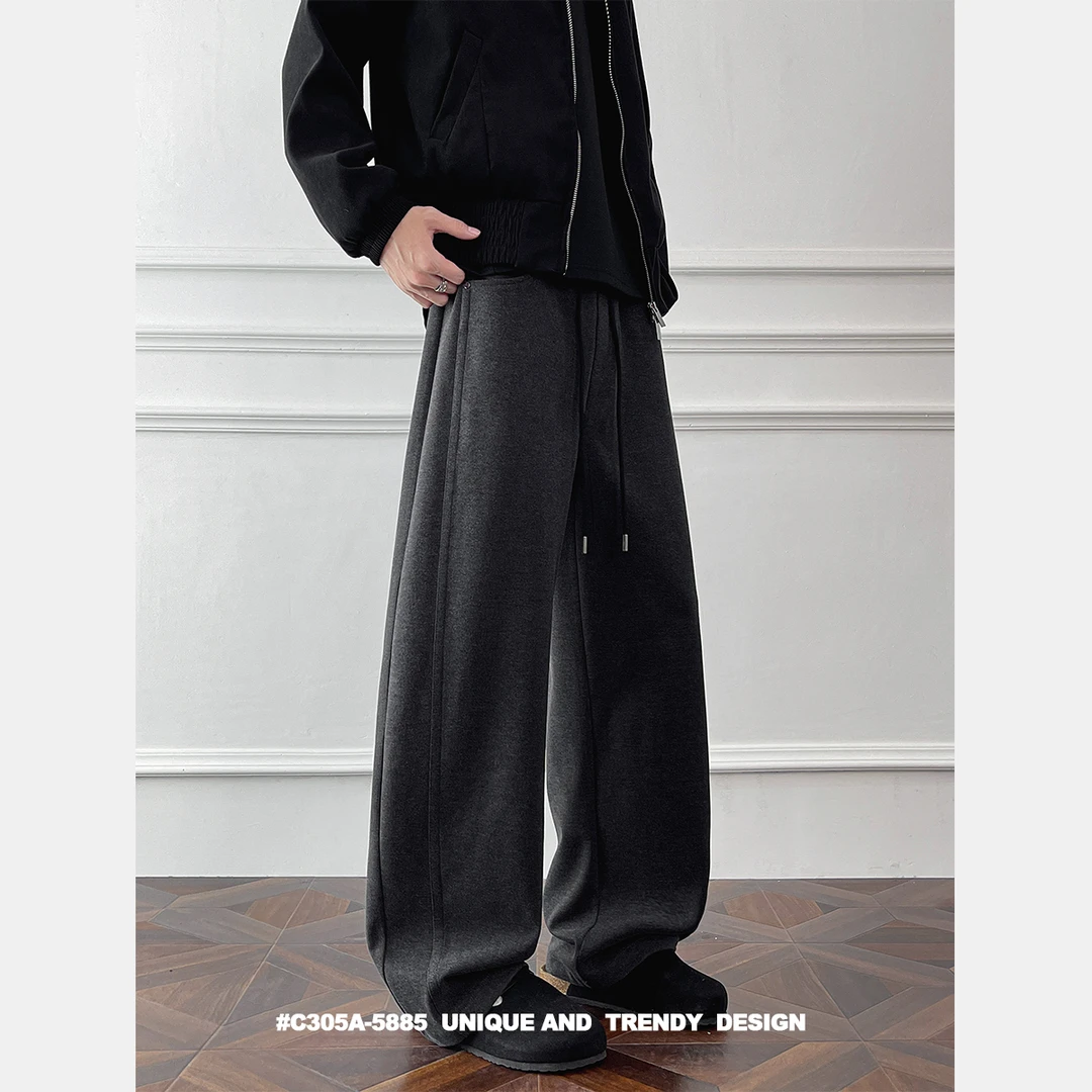 冬季保暖加厚cleanfit复古微弯刀直筒毛呢裤男士休闲裤宽松阔腿裤