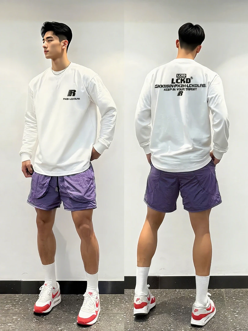 【重磅纯棉】百搭长袖美式运动T恤秋季潮流印花男装纯色圆领宽松