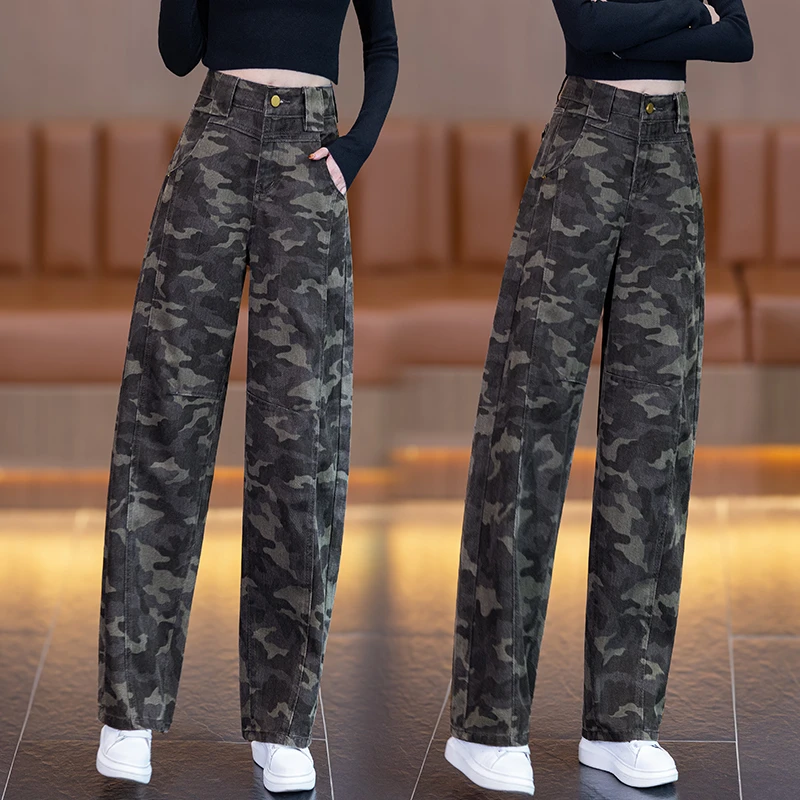 宽松休闲阔腿裤2025春秋新款迷彩高腰工装裤弯刀牛仔裤女潮流加绒