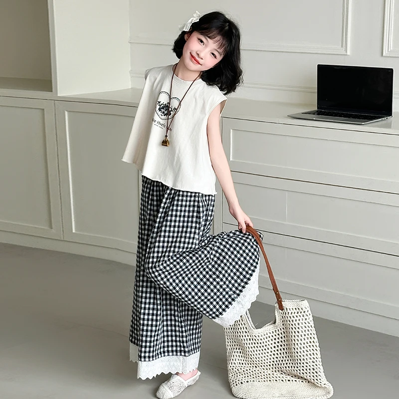 女童夏套装2025新款洋气女孩大童夏季网红炸街格子阔腿裤夏日穿搭