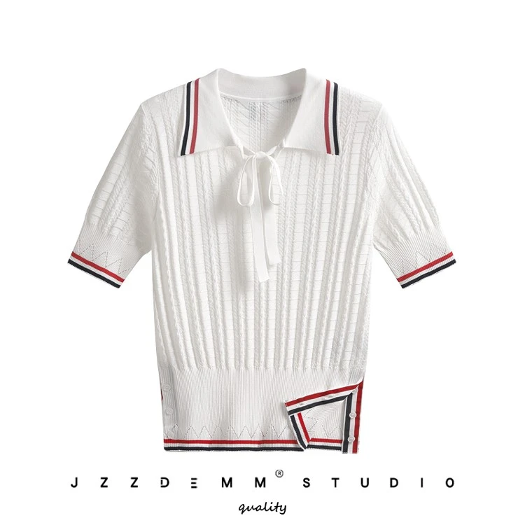 九州诚品/JZZDEMM学院风麻花系带镂空三色翻领针织polo短袖上衣女