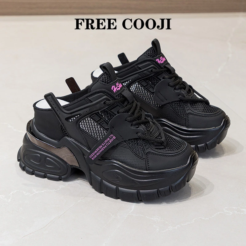 FREE COOJI包头半拖鞋女2025新款真皮9cm内增高厚底网面老爹鞋女