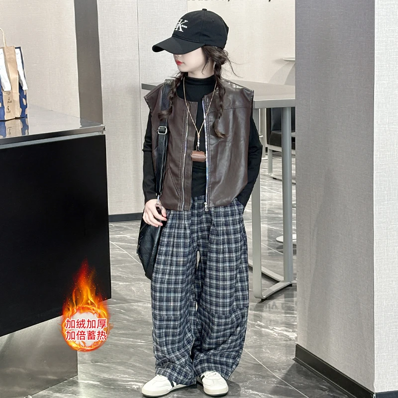 女童秋冬加绒套装2025新款儿童韩系穿搭衣服女大童皮衣马甲三件套