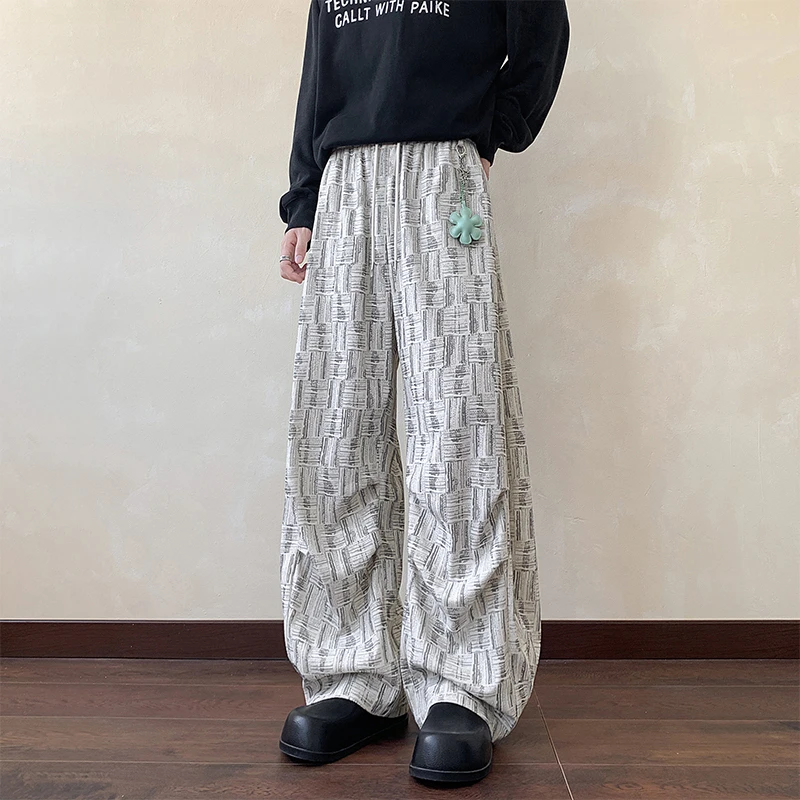【送挂件】2025秋季长裤宽松褶皱肌理格子休闲裤垂感直筒阔腿裤