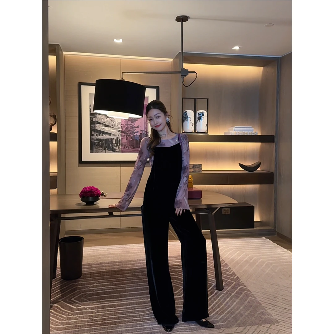 W·HAHA【街拍女王】高端100桑蚕丝丝绒背带唐装系列裤80830