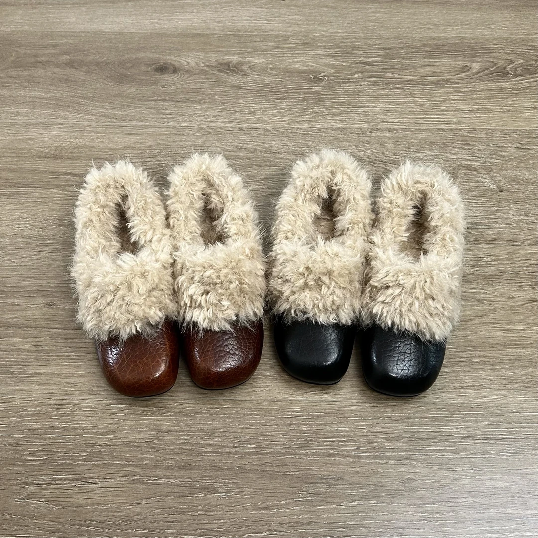 Dannyfrey秋冬新款复古方头粗跟乐福鞋女真皮加绒保暖毛毛鞋