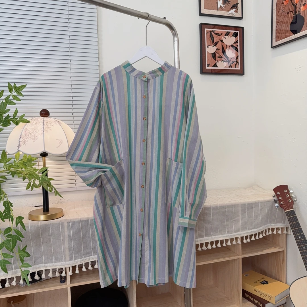 慵懒风色彩衬衫宽松显瘦大码时尚条纹撞色长款衬衣