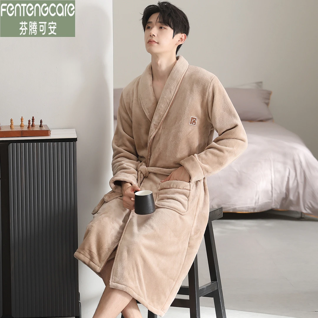 芬腾可安男士睡袍男款冬季珊瑚绒加厚浴袍保暖睡衣秋冬款2025新款