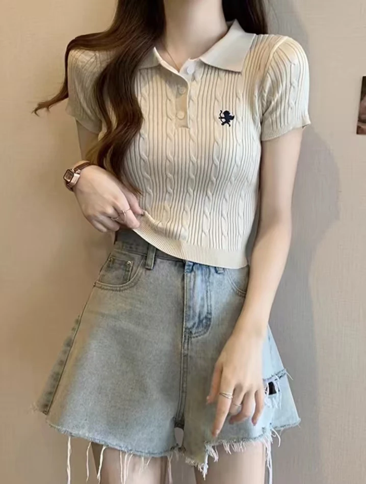 灰色针织冰丝短袖毛针织衫女夏季显瘦洋气短袖女装