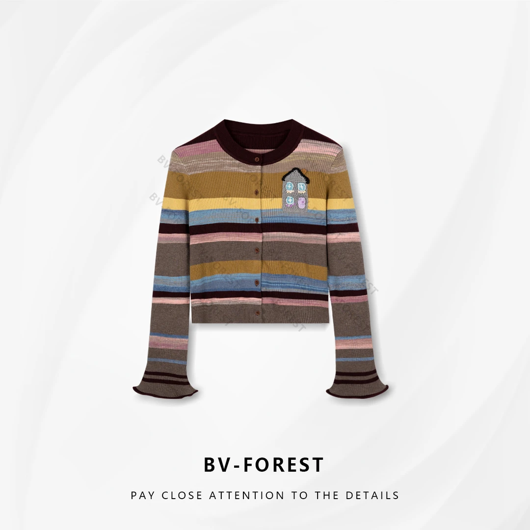 BV-FOREST“彩色房子”秋季小众款撞色彩虹条纹纽扣开衫BV-M0564