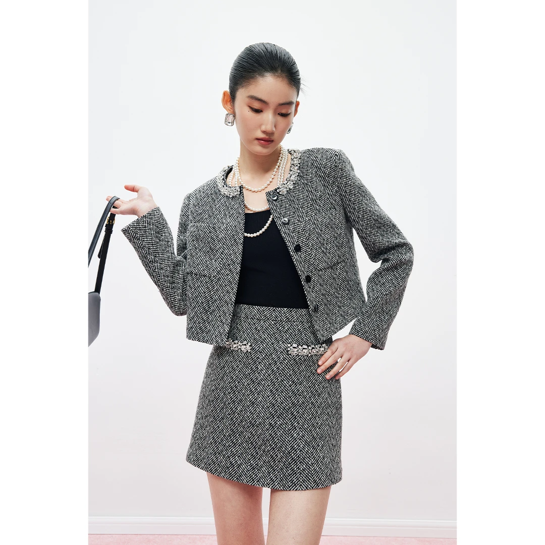 【MandyZhang】手工镶钻千金风气质名媛人字纹小香风外套