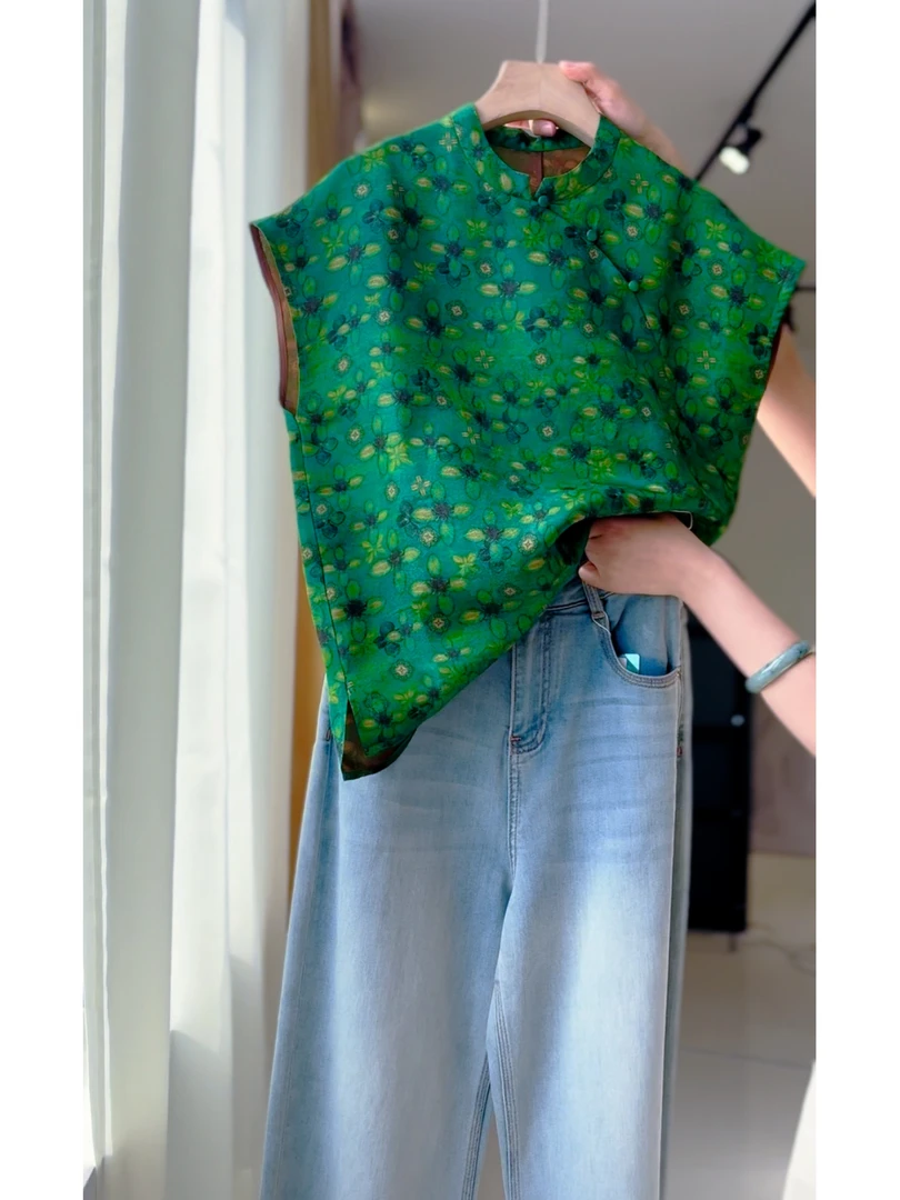 DY2423樱美嘉100桑蚕丝提花花萝香云纱桑蚕丝短袖落肩夏季百搭