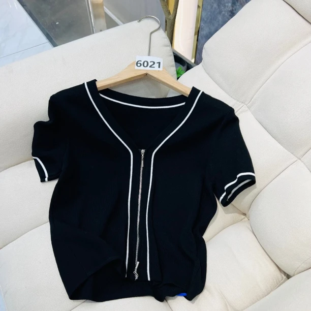6021#YZY通勤短袖纯色百搭排汗短款V领洋气
