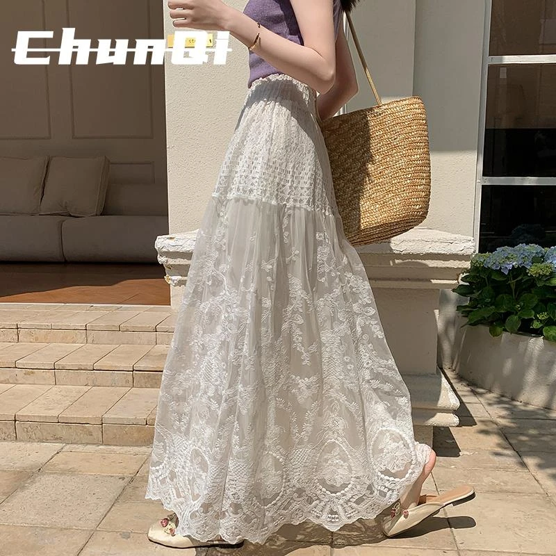 淳启法式蕾丝网纱百褶裙半身裙女夏季款显瘦垂感a字伞裙大摆长裙