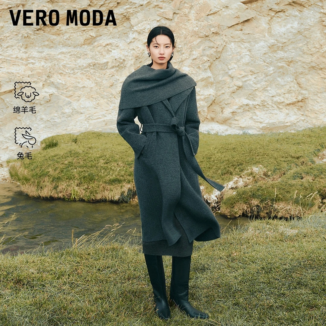 Vero Moda毛呢大衣25冬季新款含绵羊毛兔毛可拆腰带外套优雅高级