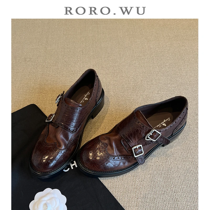 娆娆吴·水洗头层牛皮英伦法式布洛克复古学院乐福鞋百搭单鞋L188