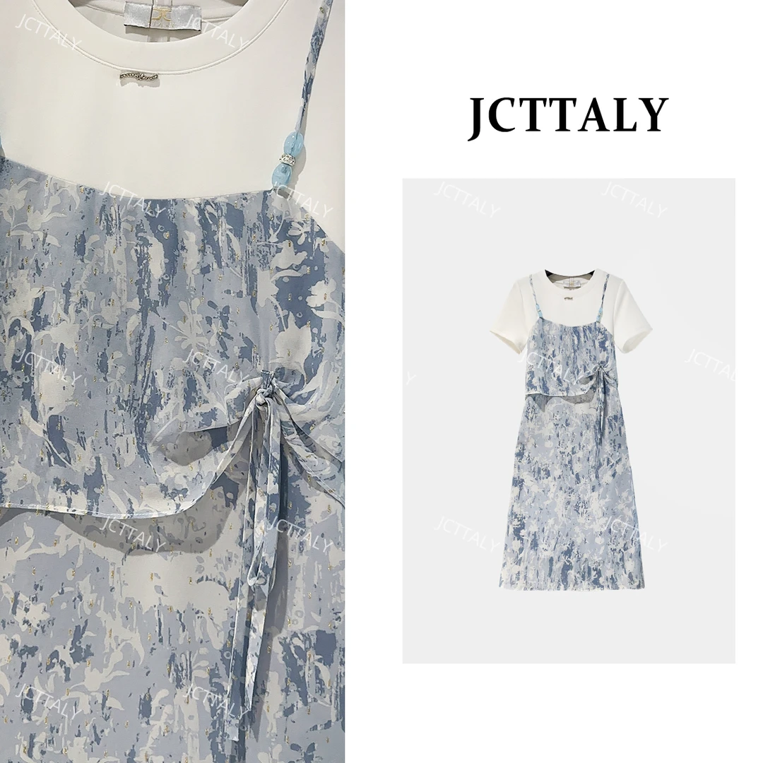 【宠粉价】夏季休闲拼接假两件女时尚显瘦连衣裙JC-A3916蓝色