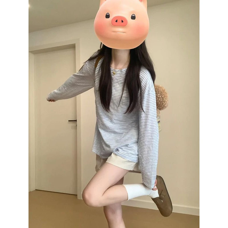 慵懒风蓝白条纹长袖T恤女夏季韩系穿搭薄款宽松休闲防晒罩衫上衣
