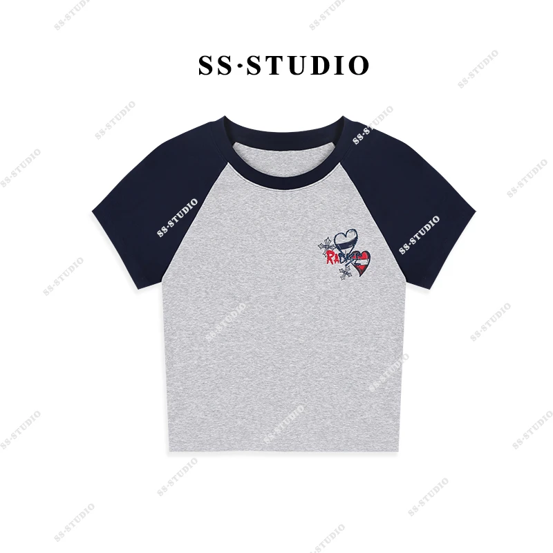 【SUSU】撞色圆领心形烫钻印花T恤百搭休闲短袖上衣SS-5132