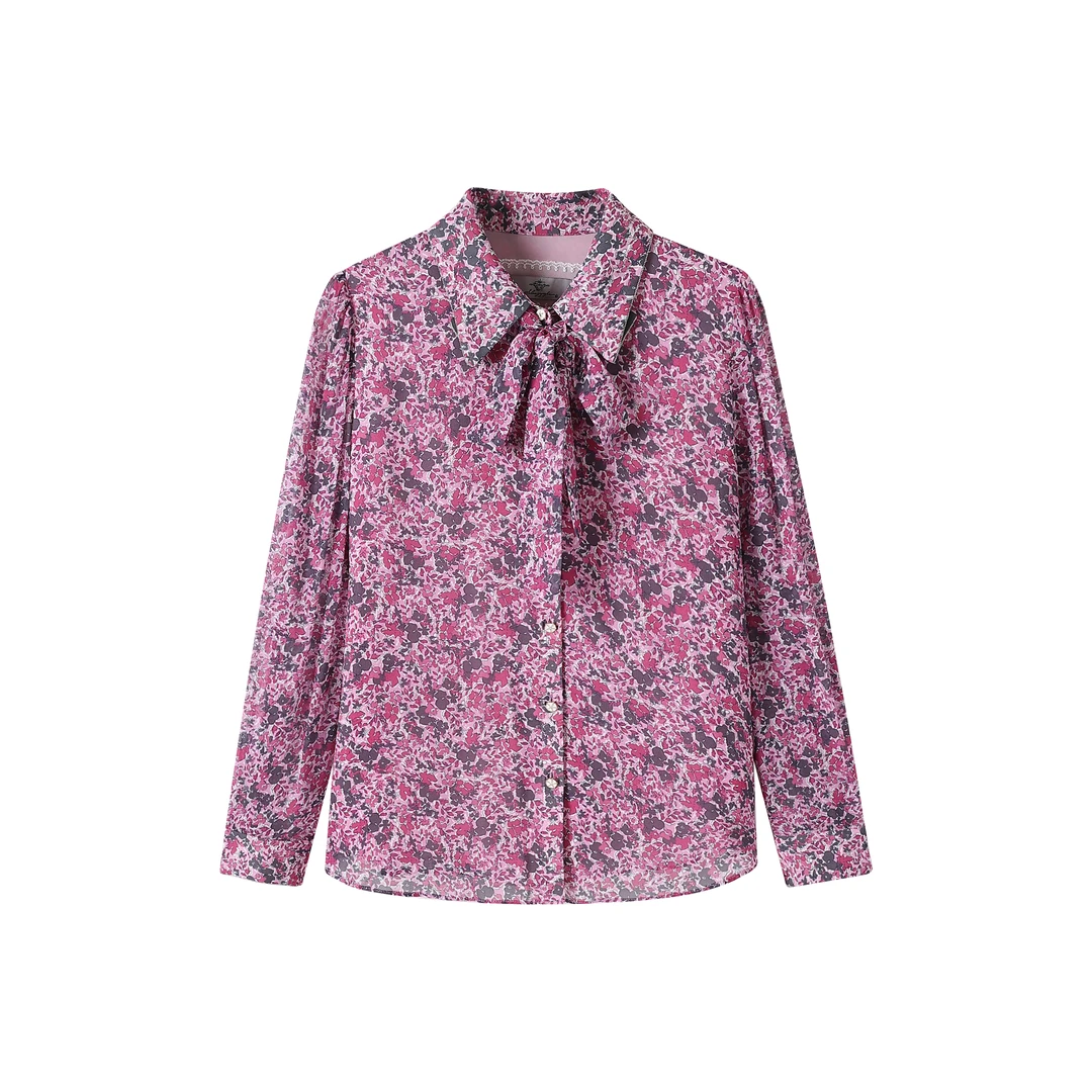 Shengyuzhu/声雨竹时尚蝴蝶结碎花飘带衬衫宽松印花港风