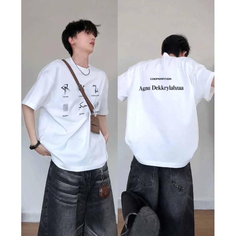 labzaa美式创意设计感印花纯棉短袖T恤男女夏季休闲情侣款上衣潮