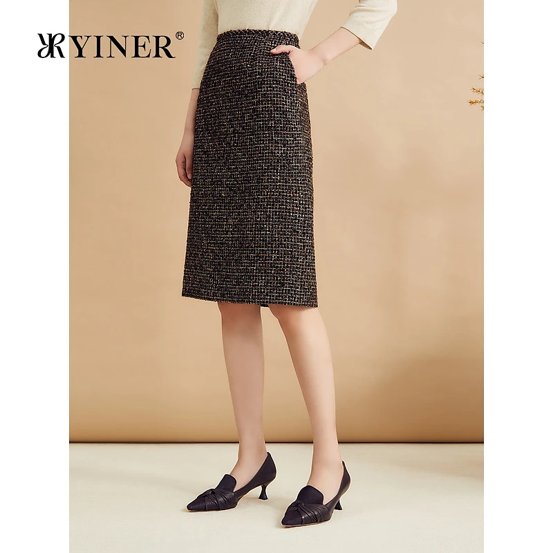 精选YINER音儿女装秋季羊毛法式优雅粗花呢高腰直筒半身裙